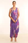 Buy_Garo_Purple Silk Muslin Embellished U Neck Pleated Draped Dress _at_Aza_Fashions