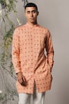 Project Bandi_Peach Cotton Satin Piccolo Palm Print Kurta Set_Online_at_Aza_Fashions