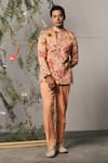 Project Bandi_Peach Linen Satin Printed Floral Bandhgala Set  _Online_at_Aza_Fashions