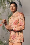 Buy_Project Bandi_Peach Linen Satin Printed Floral Bandhgala Set  _Online_at_Aza_Fashions