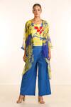 Buy_Garo_Blue Jacket- Organza Floral Top Asymmetric With Flared Pant Set  _at_Aza_Fashions