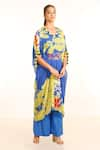 Buy_Garo_Blue Kaftan- Chiffon Floral V Neck Pattern And Pant Set _at_Aza_Fashions