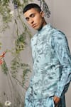 Shop_Project Bandi_Blue Linen Satin Printed And Embroidered Palm Palermo & Bundi  _at_Aza_Fashions