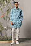 Buy_Project Bandi_Blue Linen Satin Printed Palm Palermo Kurta Set  _at_Aza_Fashions