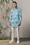 Shop_Project Bandi_Blue Linen Satin Printed Palm Palermo Kurta Set  _at_Aza_Fashions