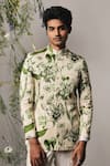 Project Bandi_Green Linen Satin Printed Bloom Brava Bandhgala Set  _Online_at_Aza_Fashions