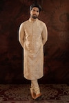 Shop_Darshika Menswear_Beige Silk Embroidery French Knots Kurta With Churidar_at_Aza_Fashions