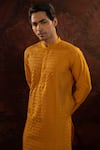 Shop_Darshika Menswear_Yellow Cotton Silk Pintuck Pattern Kurta With Churidar _at_Aza_Fashions