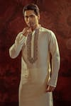 Darshika Menswear_Off White Cotton Silk Embroidered Placket Geometric Kurta With Churidar _Online_at_Aza_Fashions