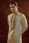 Buy_Darshika Menswear_Off White Cotton Silk Embroidered Placket Geometric Kurta With Churidar _Online_at_Aza_Fashions