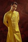 Darshika Menswear_Yellow Cotton Silk Pintuck Panelled Kurta With Churidar _Online_at_Aza_Fashions