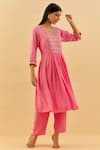 Shop_Label Nitisha_Pink Chanderi Cotton Embroidery Pearls V Neck Yoke Anarkali With Pant _Online_at_Aza_Fashions