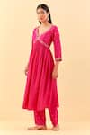 Buy_Label Nitisha_Pink Raw Silk Embroidery Sequin V Neck Flora Vine Anarkali With Pant _at_Aza_Fashions