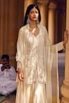 Buy_Amitabh Malhotra_Ivory Georgette Embellished Mirror Mandarin Collar Kurta Flared Skirt Set 