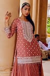 Shop_Amitabh Malhotra_Peach Georgette Embellished Mirror Round Floral Kurta Skirt Set _at_Aza_Fashions