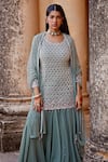 Shop_Amitabh Malhotra_Green Georgette Embellished Cutdana Round Checkered Kurta Skirt Set _Online_at_Aza_Fashions