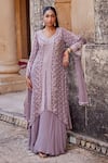 Buy_Amitabh Malhotra_Purple Georgette Embellished Sequin Leaf Neck Kurta Skirt Set _at_Aza_Fashions