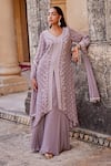 Buy_Amitabh Malhotra_Purple Georgette Embellished Sequin Leaf Neck Kurta Skirt Set _Online_at_Aza_Fashions