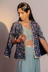 Redpine Designs_Blue Jacket Viscose Raw Silk Printed Floral Jacket Open Blossom Palazzo Set _Online_at_Aza_Fashions