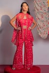 Buy_Redpine Designs_Pink Cape Viscose Organza Printed Floral Cape Round Botanic Pant Set _at_Aza_Fashions