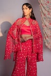 Redpine Designs_Pink Cape Viscose Organza Printed Floral Cape Round Botanic Pant Set _Online_at_Aza_Fashions