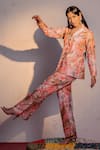 Buy_Redpine Designs_Coral Viscose Raw Silk Printed Shawl Cherry Blossom Blazer With Pant _at_Aza_Fashions