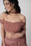 Buy_LABEL SHRISTI CHETANI_Pink Crepe Hand Embroidered Sweetheart Deep Off Shoulder Top And Draped Skirt Set _Online_at_Aza_Fashions