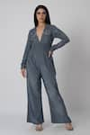 Buy_LABEL SHRISTI CHETANI_Grey Crepe Hand Embroidered Abstract Linear Plunged V Ray Jumpsuit _at_Aza_Fashions