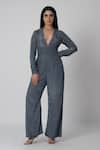 LABEL SHRISTI CHETANI_Grey Crepe Hand Embroidered Abstract Linear Plunged V Ray Jumpsuit _Online_at_Aza_Fashions