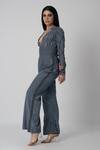 Buy_LABEL SHRISTI CHETANI_Grey Crepe Hand Embroidered Abstract Linear Plunged V Ray Jumpsuit _Online_at_Aza_Fashions