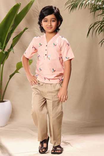 Littlecheer_Pink Cotton Embroidery Bird Thread Work Shirt _Online_at_Aza_Fashions