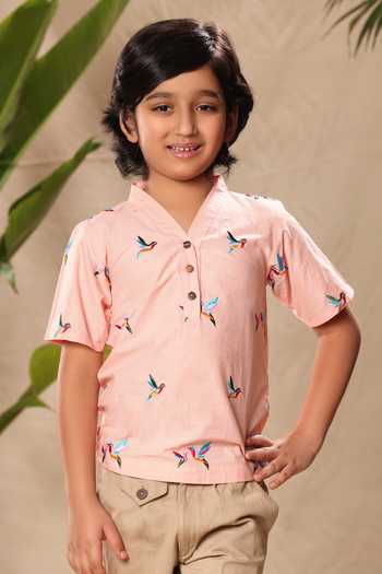 Buy_Littlecheer_Pink Cotton Embroidery Bird Thread Work Shirt _Online_at_Aza_Fashions
