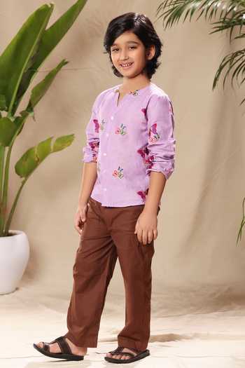 Buy_Littlecheer_Purple Cotton Embroidery Butterfly Shirt And Pant Set _at_Aza_Fashions