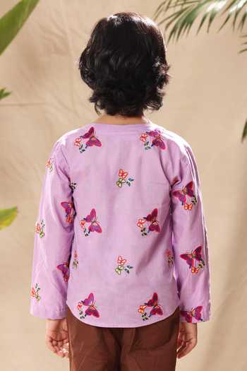 Shop_Littlecheer_Purple Cotton Embroidery Butterfly Shirt And Pant Set _at_Aza_Fashions