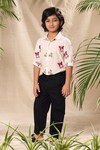 Buy_LittleCheer_Off White Soft Cotton Cambric Embroidered Thread Butterfly Shirt And Pant Set_at_Aza_Fashions