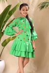 LittleCheer_Green Soft Cotton Cambric Embroidery Thread Floral Box Pleated Dress _Online_at_Aza_Fashions