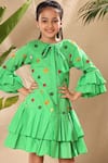 Buy_LittleCheer_Green Soft Cotton Cambric Embroidery Thread Floral Box Pleated Dress _Online_at_Aza_Fashions