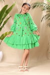 Buy_LittleCheer_Green Soft Cotton Cambric Embroidery Thread Floral Box Pleated Dress _at_Aza_Fashions