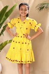 Shop_LittleCheer_Yellow Soft Cotton Cambric Embroidery Thread Ladybug Flared Dress _Online_at_Aza_Fashions