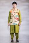 Buy_Jubinav Chadha_Green Cotton Silk Hand Painted Digital Prints Flora And Nehru Jacket & Kurta Set _at_Aza_Fashions