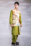 Jubinav Chadha_Green Cotton Silk Hand Painted Digital Prints Flora And Nehru Jacket & Kurta Set _Online_at_Aza_Fashions