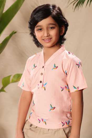 Buy_Littlecheer_Pink Cotton Embroidery Bird Thread Work Shirt _at_Aza_Fashions