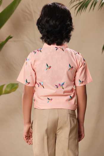 Shop_Littlecheer_Pink Cotton Embroidery Bird Thread Work Shirt _at_Aza_Fashions