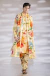 Buy_Jubinav Chadha_Yellow Cotton Silk Hand Painted Digital Prints Flora And Kurta Set With Stole _at_Aza_Fashions