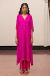 Buy_Mimamsaa_Pink Silk, Organza Embroidery, Sequins V-neck Kaveri Kaftan With Pant _at_Aza_Fashions