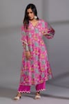 Buy_Pants and Pajamas_Pink Cotton Silk Digital Printed Botanical V Neck Kurta And Pant Set _at_Aza_Fashions