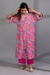 Shop_Pants and Pajamas_Pink Cotton Silk Digital Printed Botanical V Neck Kurta And Pant Set _Online_at_Aza_Fashions