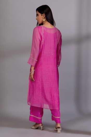 Shop_Pants And Pajamas_Pink Cotton, , , Zardozi Placement Kurta And Pant Set _at_Aza_Fashions