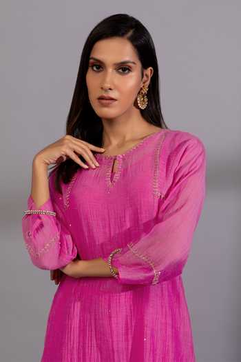 Buy_Pants And Pajamas_Pink Cotton, , , Zardozi Placement Kurta And Pant Set _Online_at_Aza_Fashions