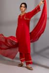 Pants And Pajamas_Red Cotton, , , Placement Embroidered Kurta And Pant Set _Online_at_Aza_Fashions